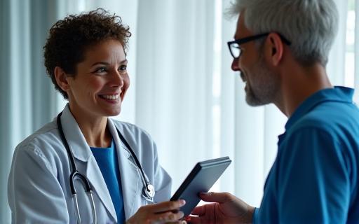 Un medico che spiega dei dati sanitari a un paziente in modo rassicurante.